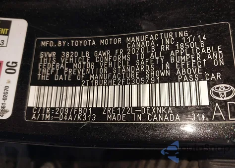 2015 Toyota Corolla Le z USA, uszkodzony, nr VIN 2T1BURHE2FC305791